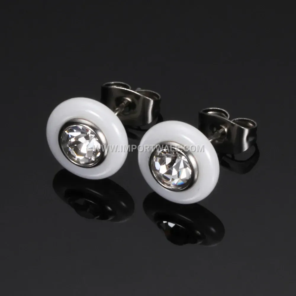 Round Ceramic and Stainless Steel Zircon Inlaid Stud Earrings