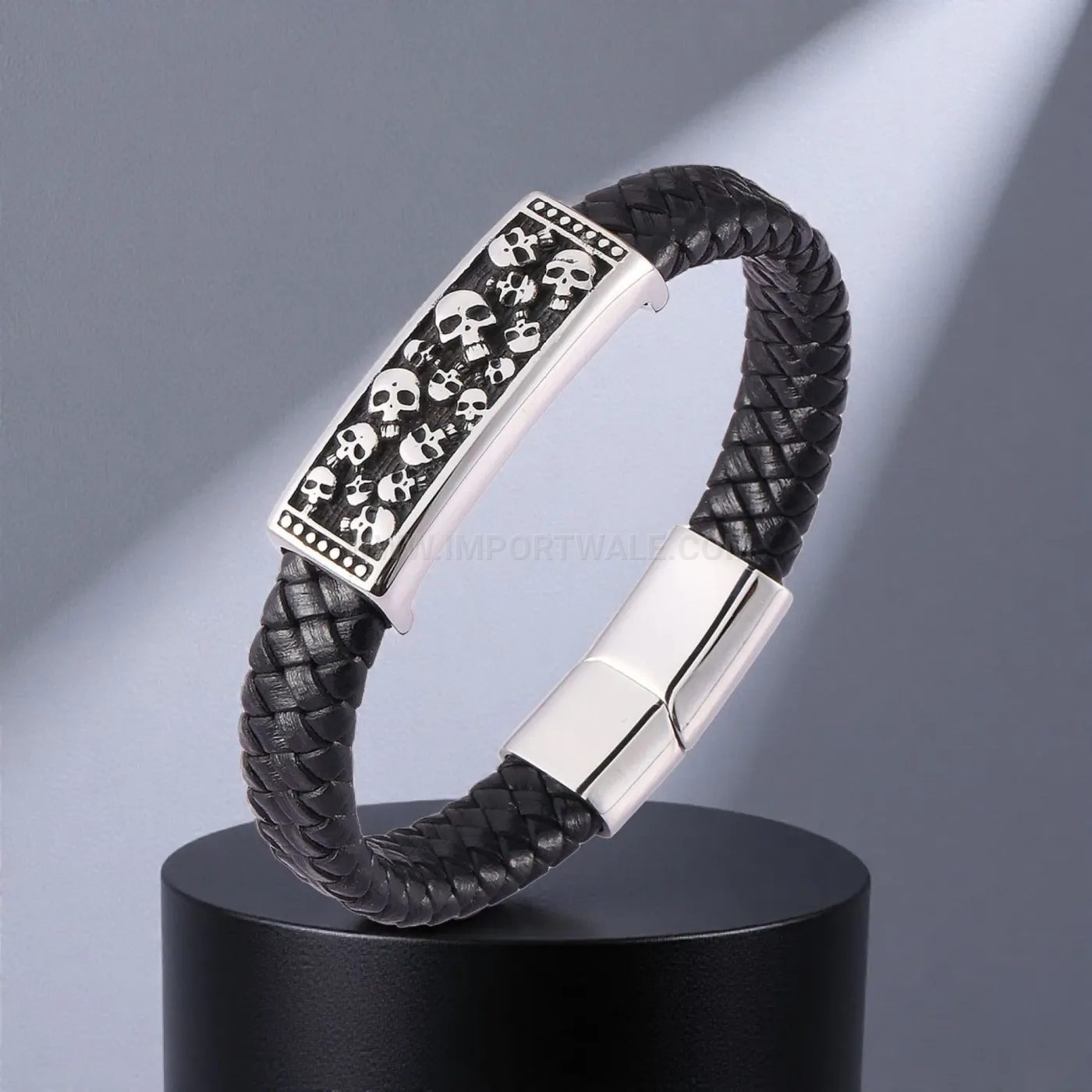 Fashion Punk Style Stainless Steel Skull Leather Men Wristband
