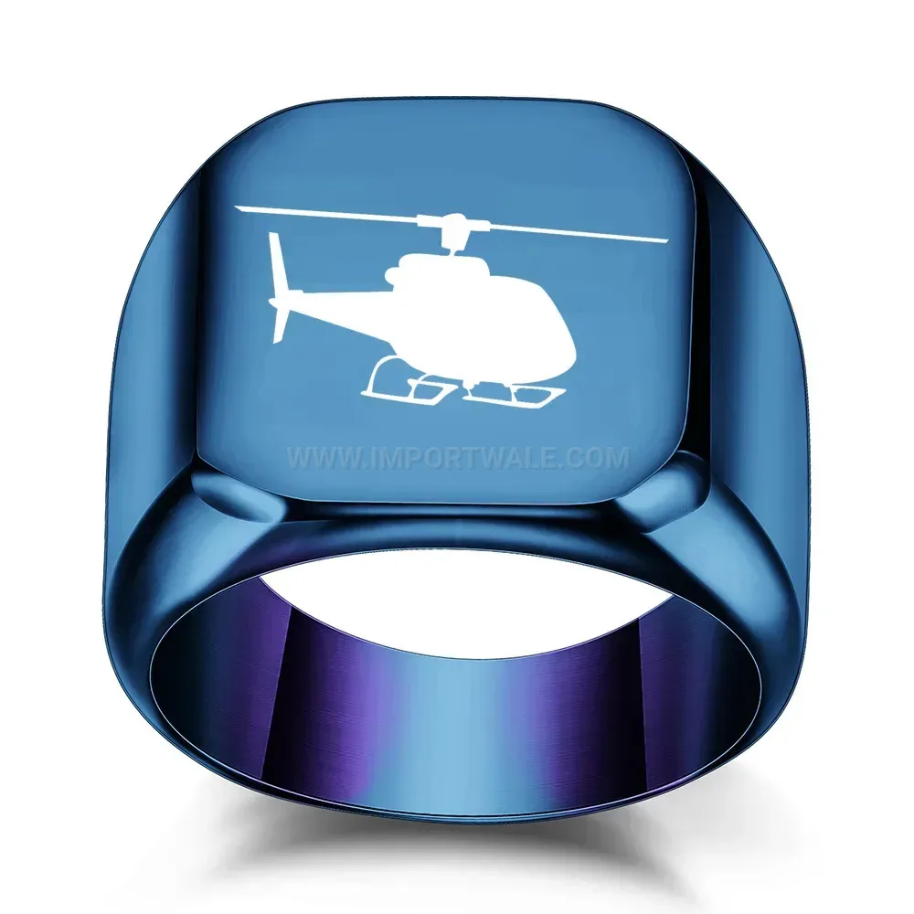 Trendy Vintage Helicopter Engraved Square Stainless Steel Signet Ring