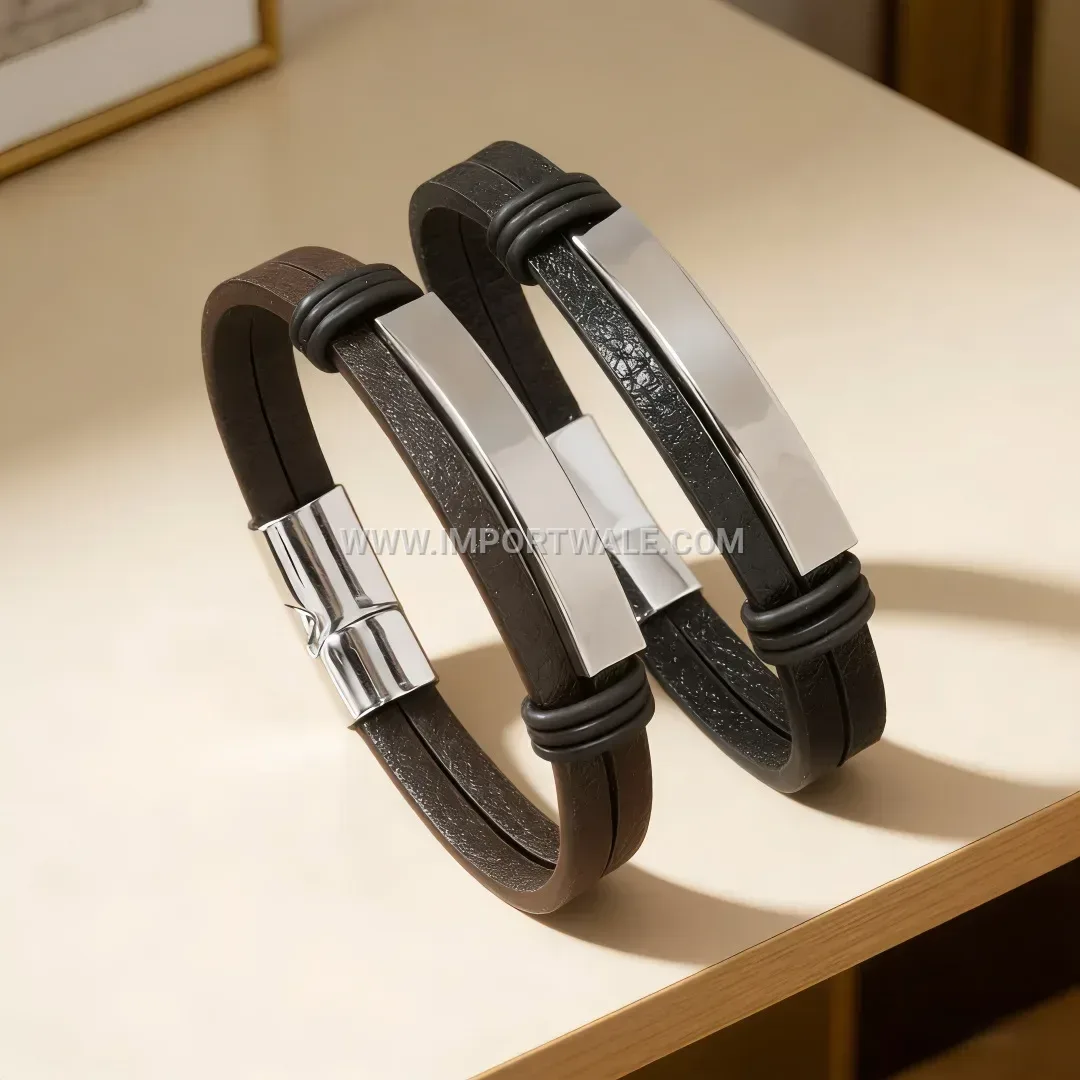 Woven Leather Men Wrap Bracelet with Metal Clasp