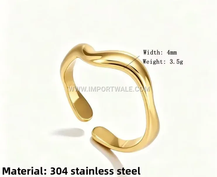 Geometric Wave Adjustable Stainless Steel Open Ring