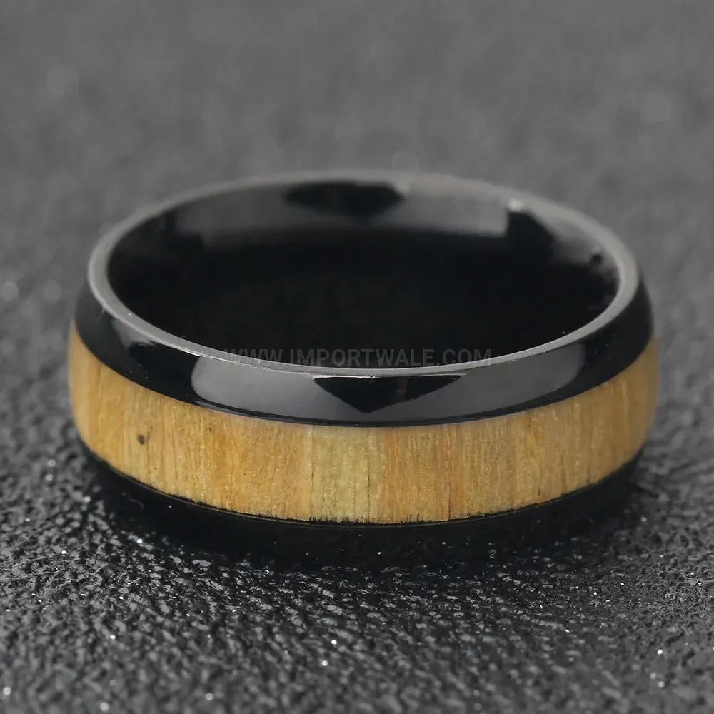 Elegant Minimalist Wood Grain Inlay Stainless Steel Band Ring
