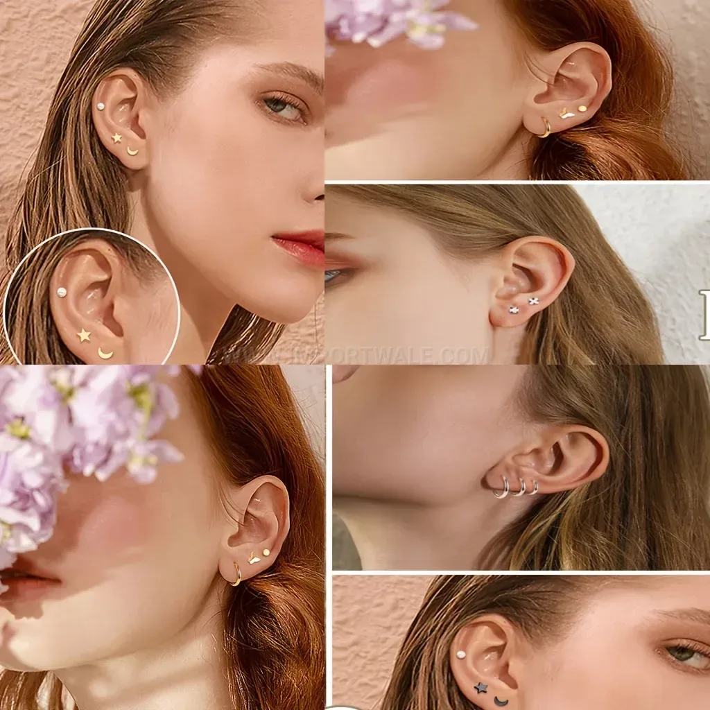 Classic Titanium Steel Piercing Stud Set with Cubic Zirconia Accents