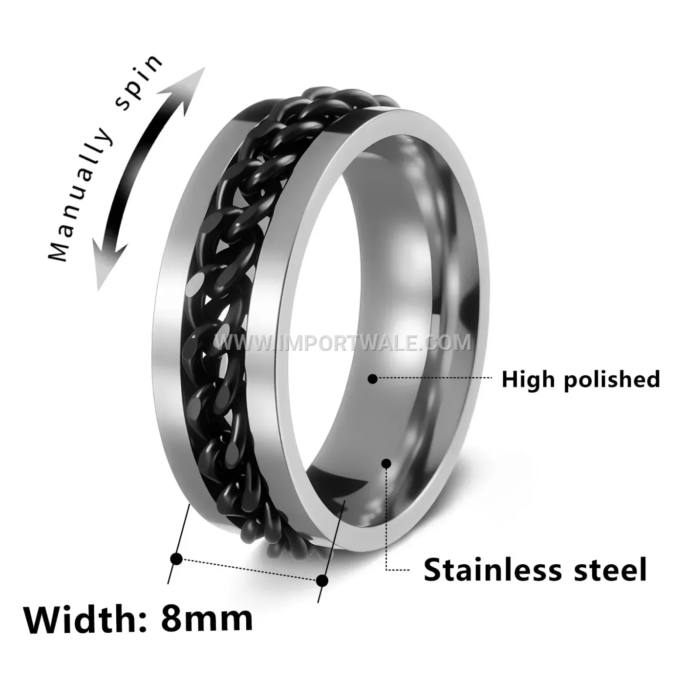 Rotating Chain Inlay Stainless Steel Spinner Band Ring