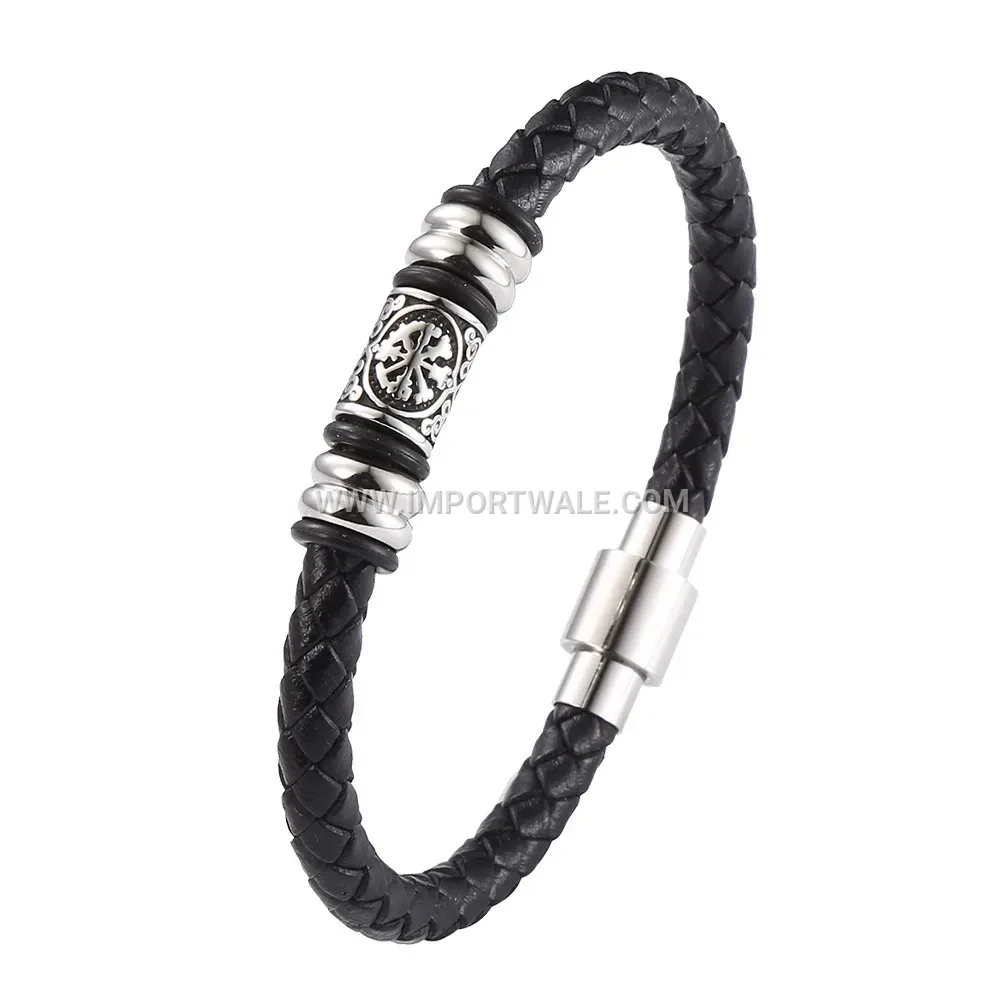 Braided Black Leather Bracelet with Stainless Steel Clasp