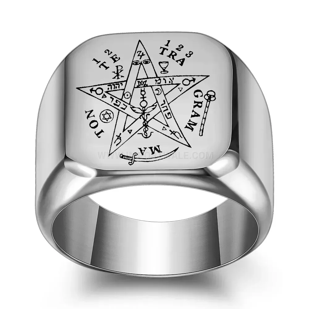 Trendy Engraved Star and Initial Stainless Steel Square Signet Ring
