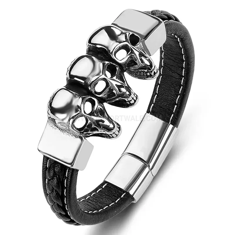 Designer Handcrafted Leather Bracelet Featuring Stainless Steel Skull Hardware