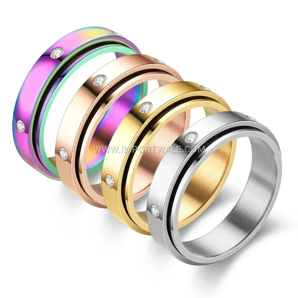 Stainless Steel Spinning Crystal Inlaid Band Ring