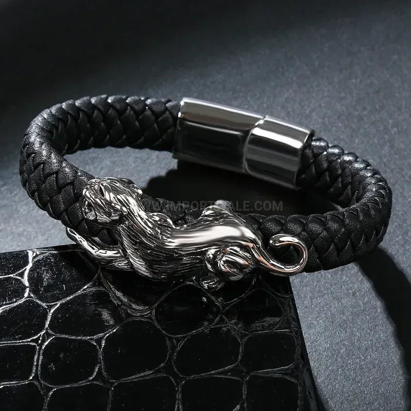 Premium Handcrafted Leopard Stainless Steel and Braided Leather Unisex Bracelet