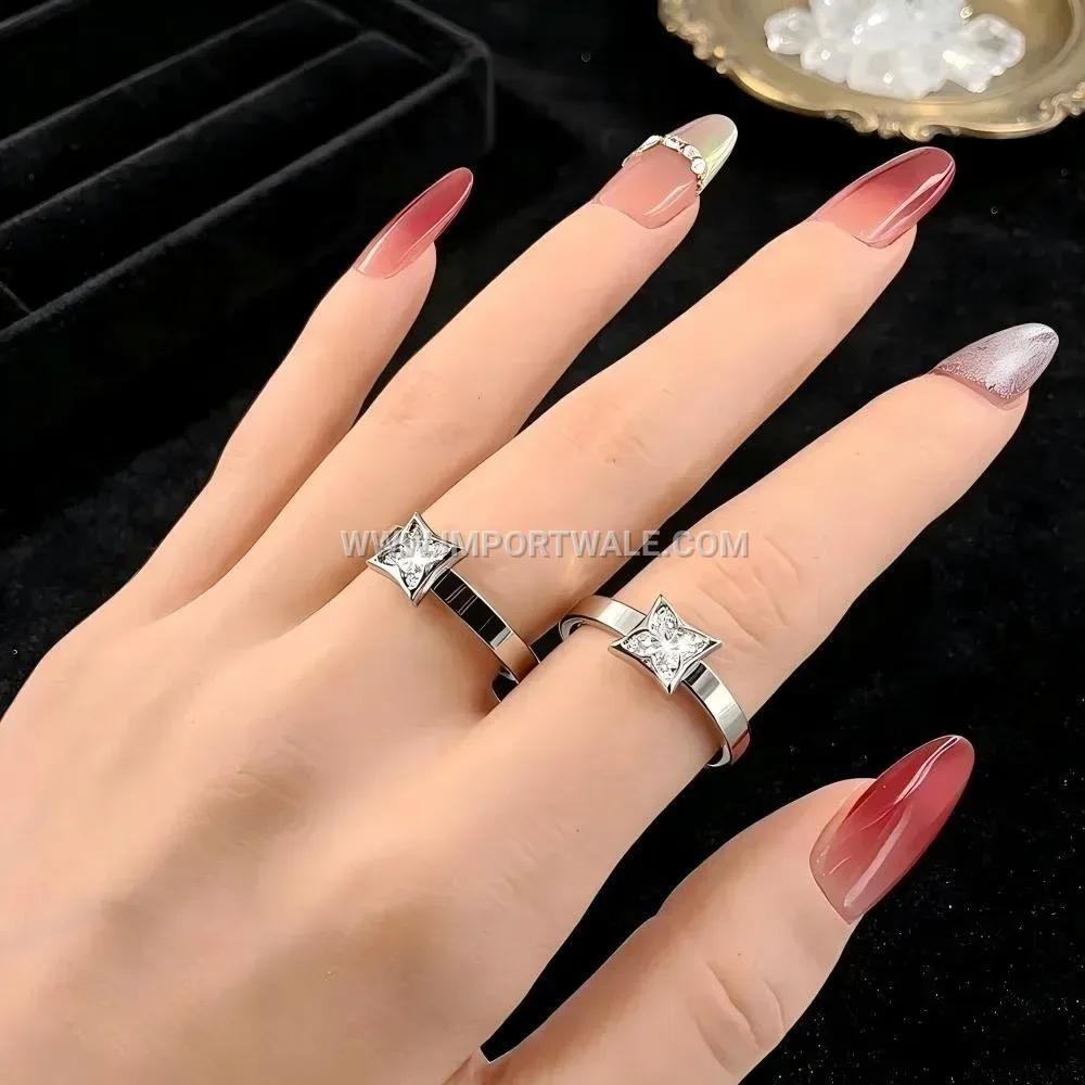 Hollow Four Leaf Clover Stainless Steel Zircon Ring