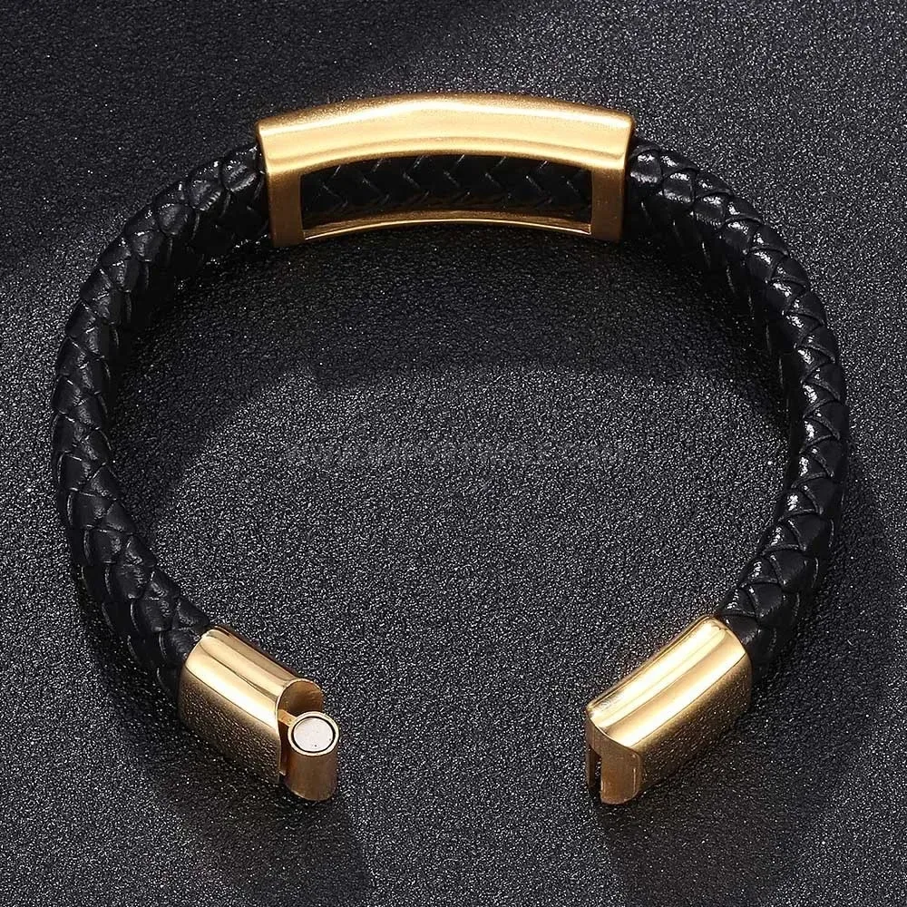Woven Leather Braided Cuff Bracelet With Stainless Steel Accents