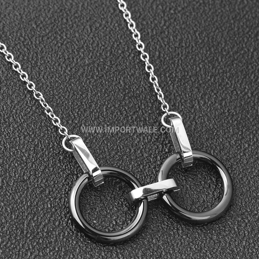 Dual Ring Ceramic and Stainless Steel Handcuff Charm Pendant Necklace