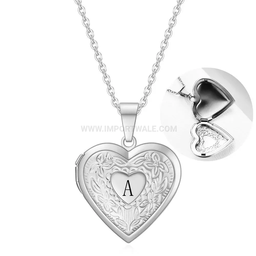 Engraved Stainless Steel Heart Photo Locket Initial Pendant Necklace