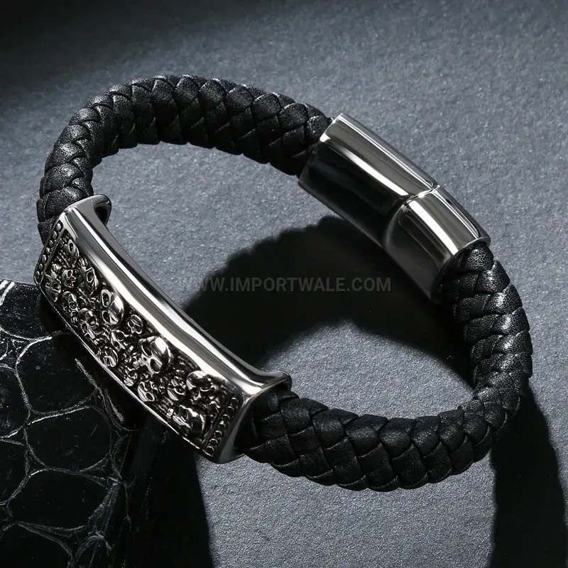 Modern Classic Skull Stainless Steel Leather Bangle Bracelet