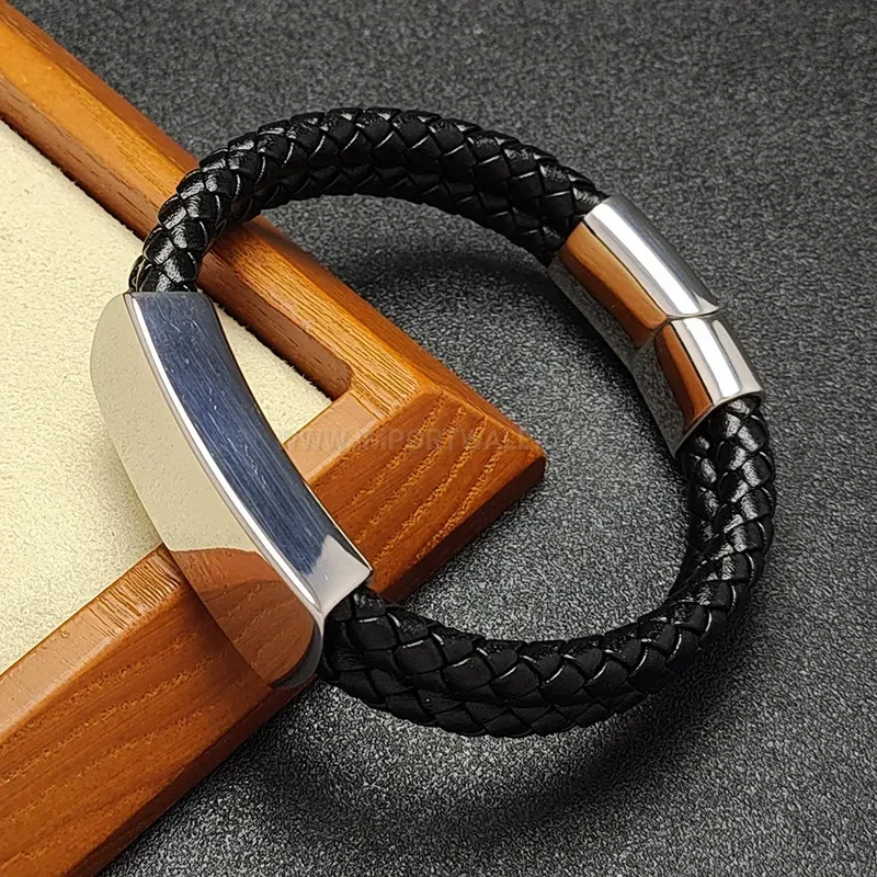 Bold Sleek ID Plate Two-Tone Leather Men's Wristband