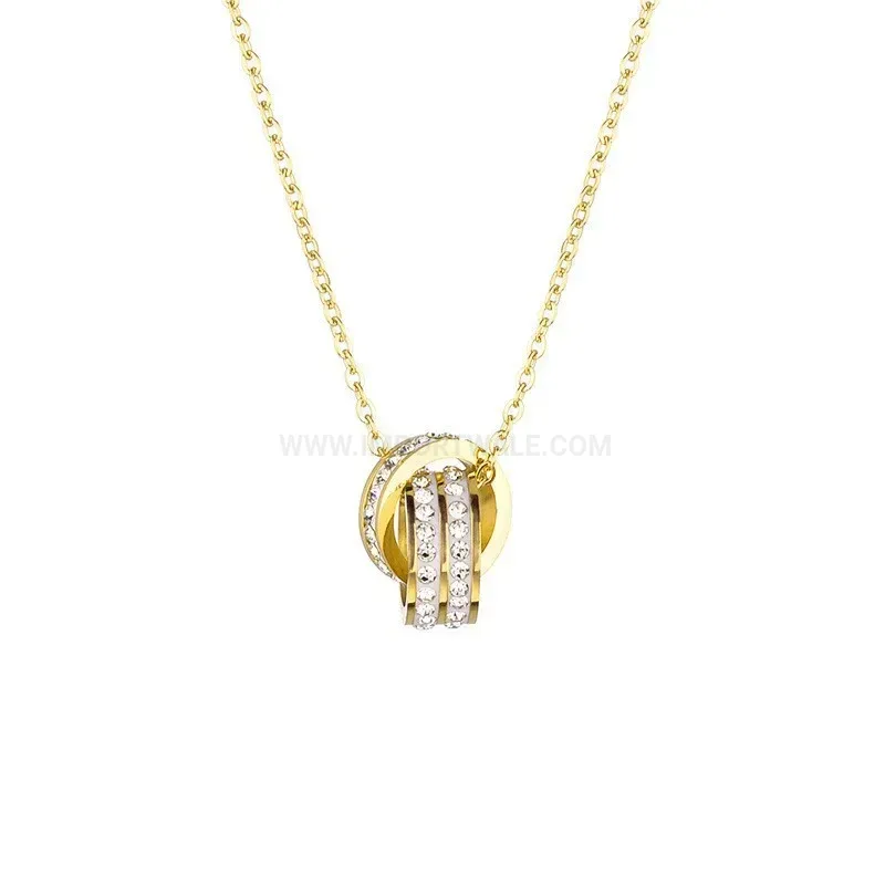 Fashion Pave Interlocking Double Ring Titanium Steel Pendant Necklace