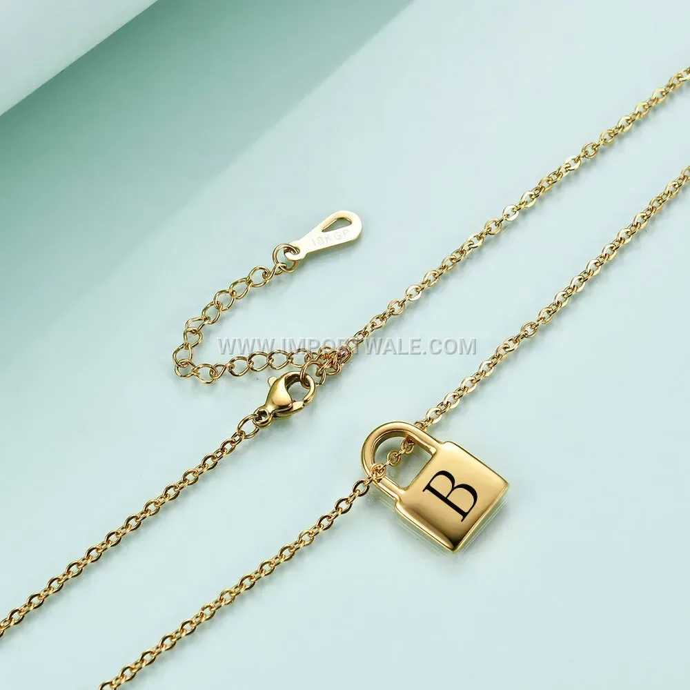 Engraved Alphabet Lock Pendant Necklace in 18K Gold Plated Stainless Steel