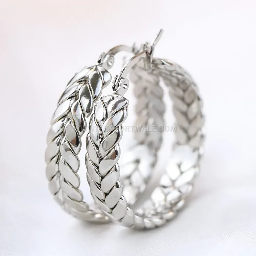 Textured Wheat Pattern Stainless Steel Hoop Earrings