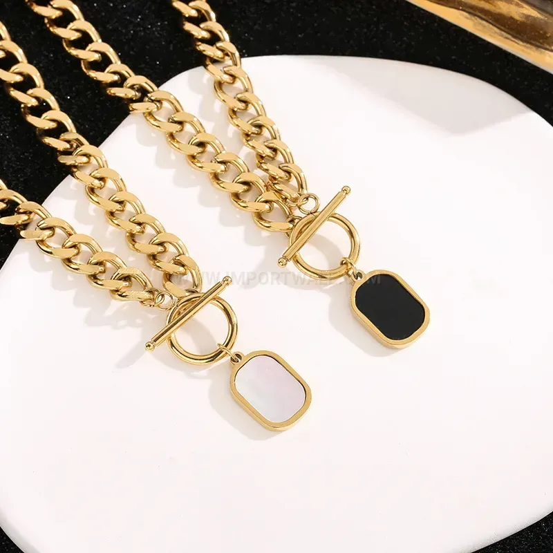 Faux Mother of Pearl Pendant Titanium Steel Mixed Chain Necklace