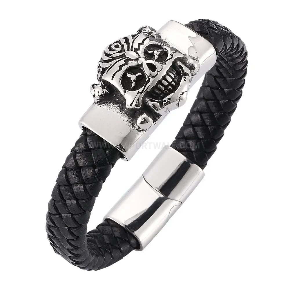 Chic Punk Style Skull Stainless Steel Black Leather Bracelet With Magnetic Clasp