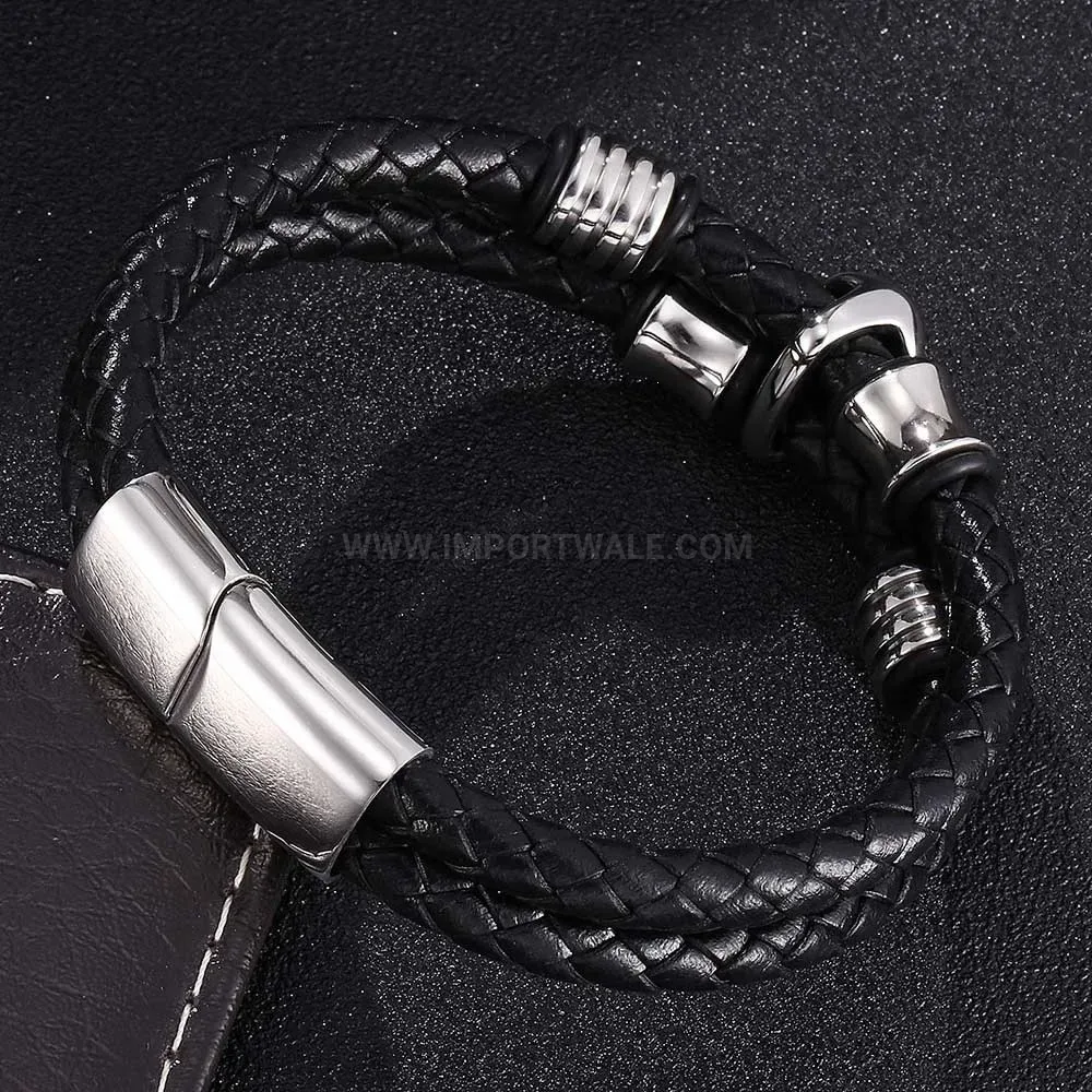Punk Style Skull Rose Stainless Steel Black Leather Wristband