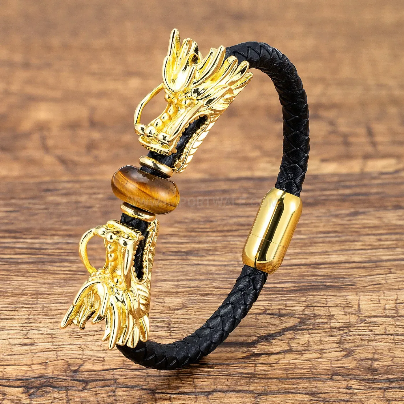 Double Dragon Head Leather Braided Stone Bracelet