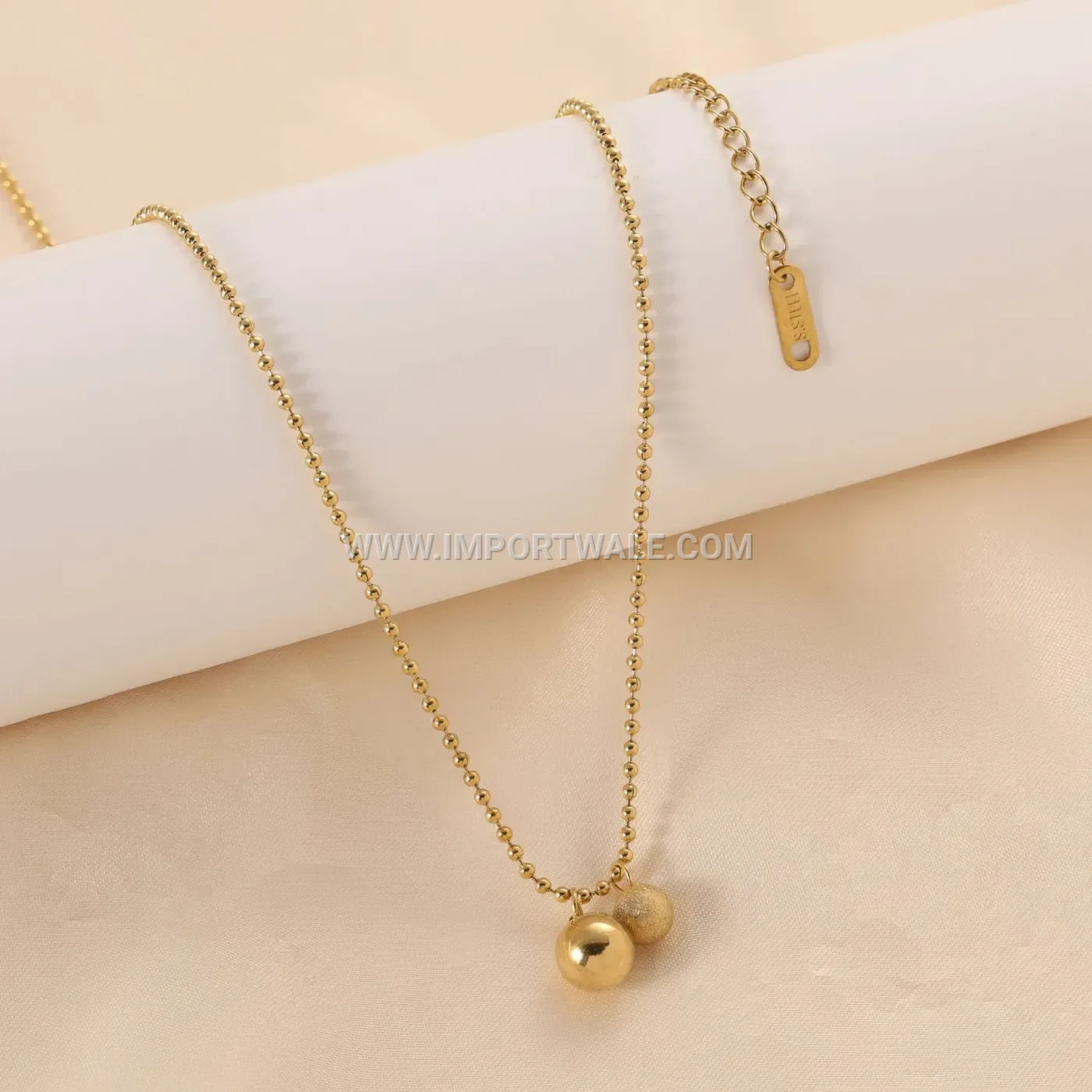 Gold Plated Stainless Steel Dual Bead Pendant Choker Necklace