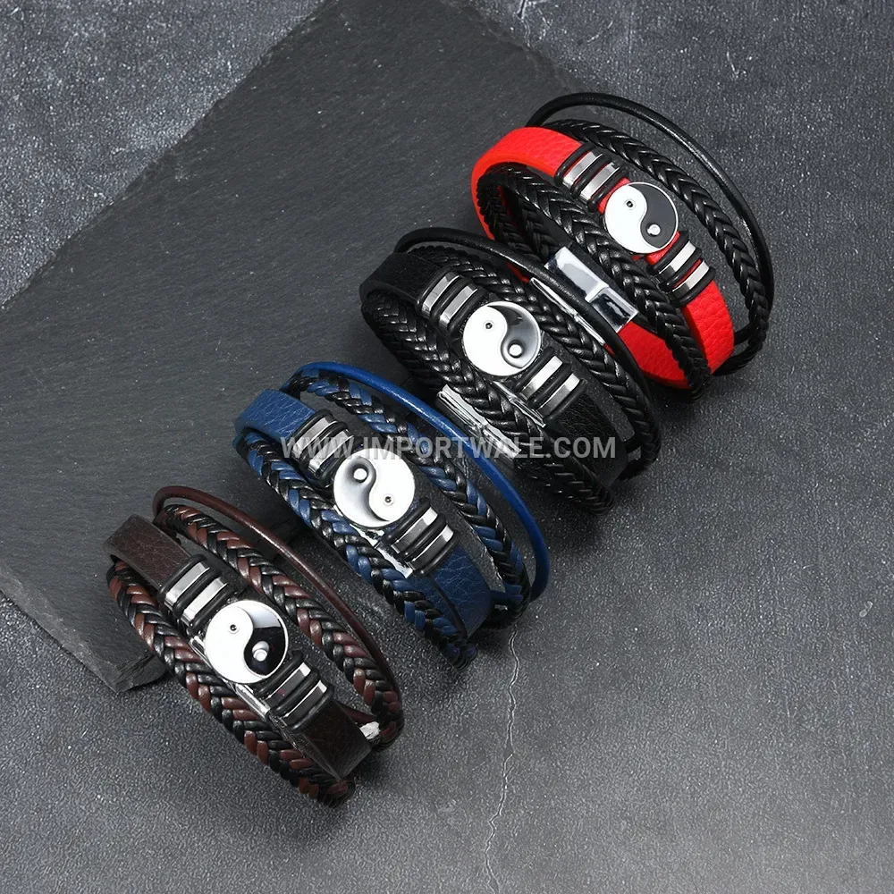 Multi Layer PU Leather Men Wristband With Magnetic Clasp
