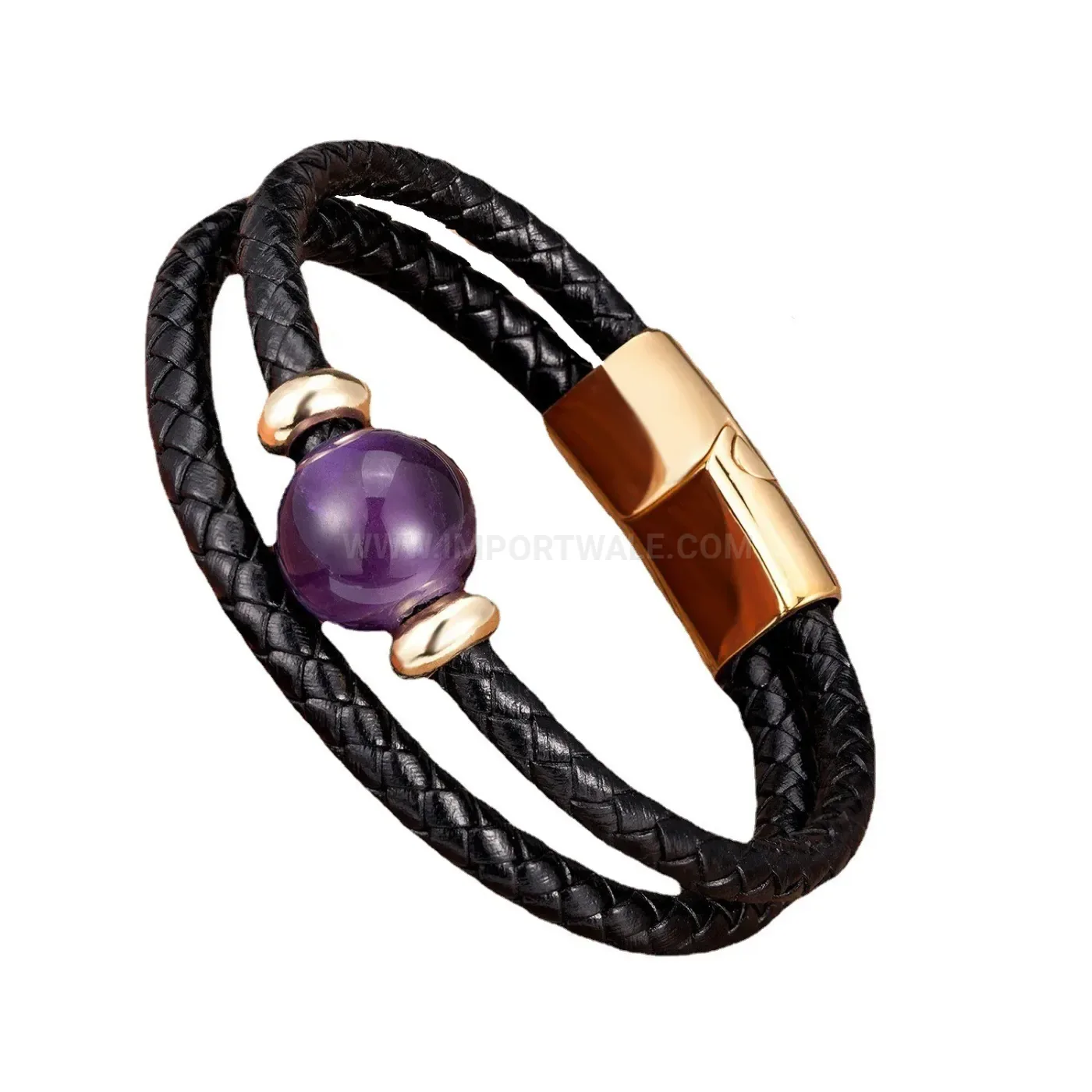 Double Braided Leather Round Stone Bracelet Stainless Steel Clasp
