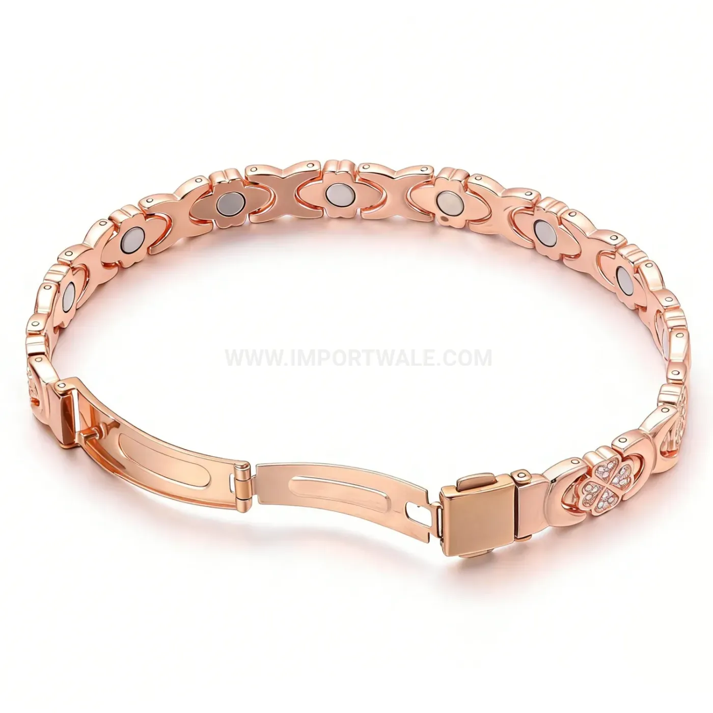 Rose Gold Copper Four-Leaf Clover Rhinestone Magnetic Bracelet