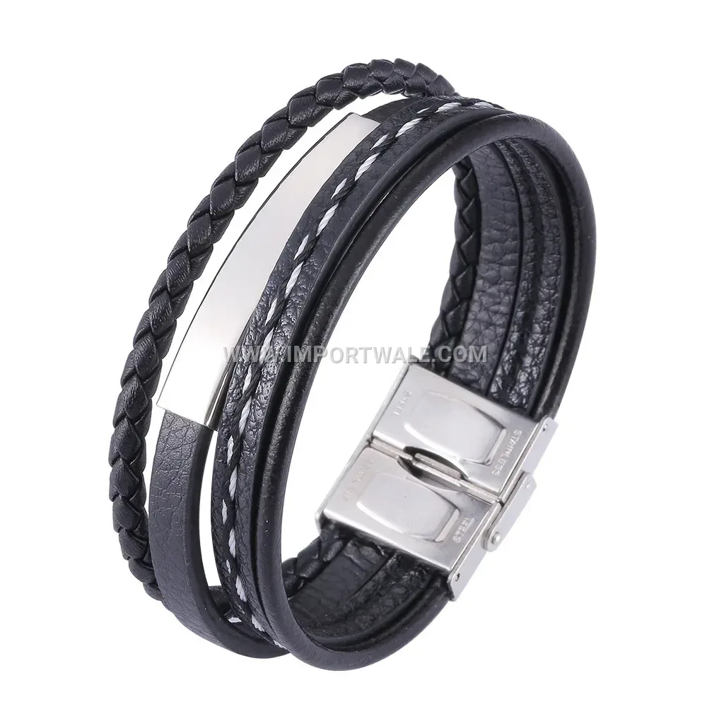 Braided Leather Wristband Bracelet with Stainless Steel Clasp