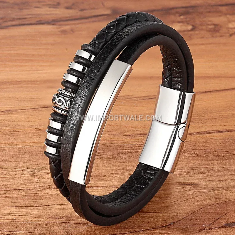 Woven Leather Cord Bracelet Metallic Accent Wristband