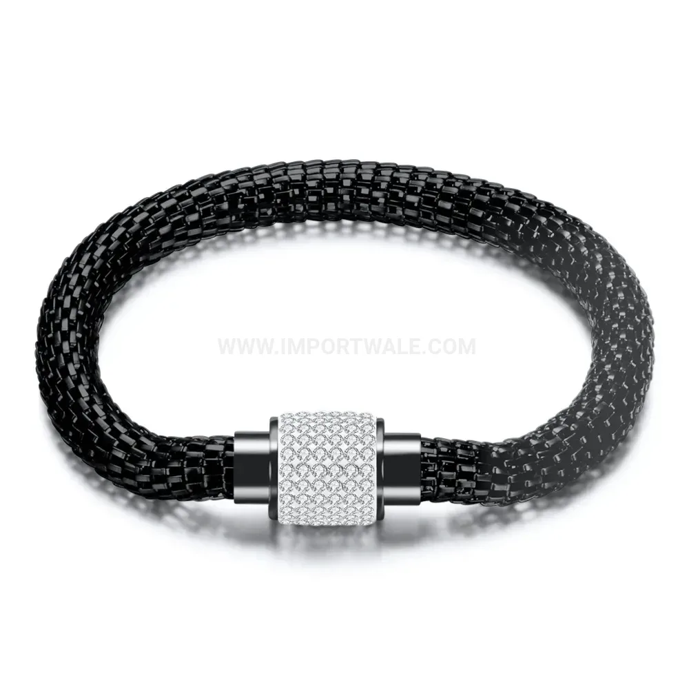 Vintage Cable Stainless Steel Bangle Bracelet with Rhinestones