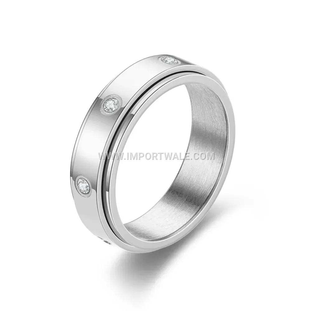 Spinning Zirconia Inlaid Etched Stainless Steel Band Ring