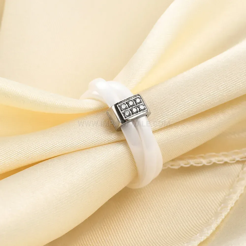 Modern Double Row Zirconia Inlaid Ceramic Interlocking Stainless Steel Band Ring