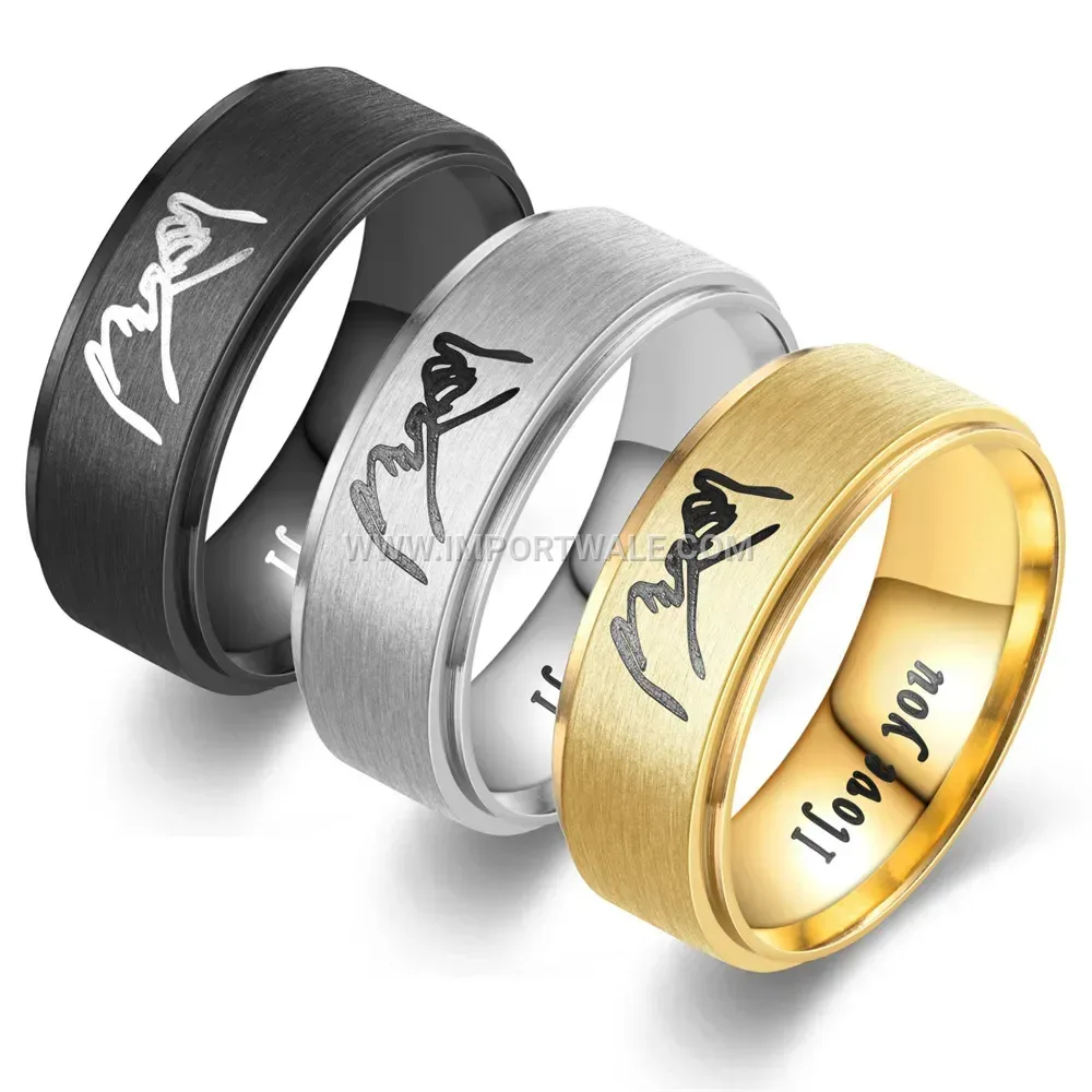 Stepped Edge Hand-in-Hand Engraved Stainless Steel Couple Ring Band