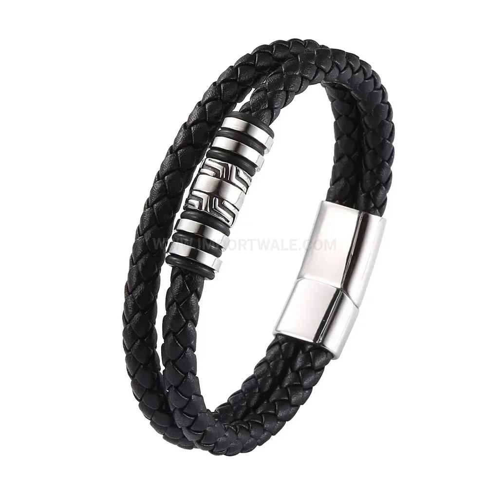 Double Strand Leather Magnet Clasp Stainless Steel Bracelet