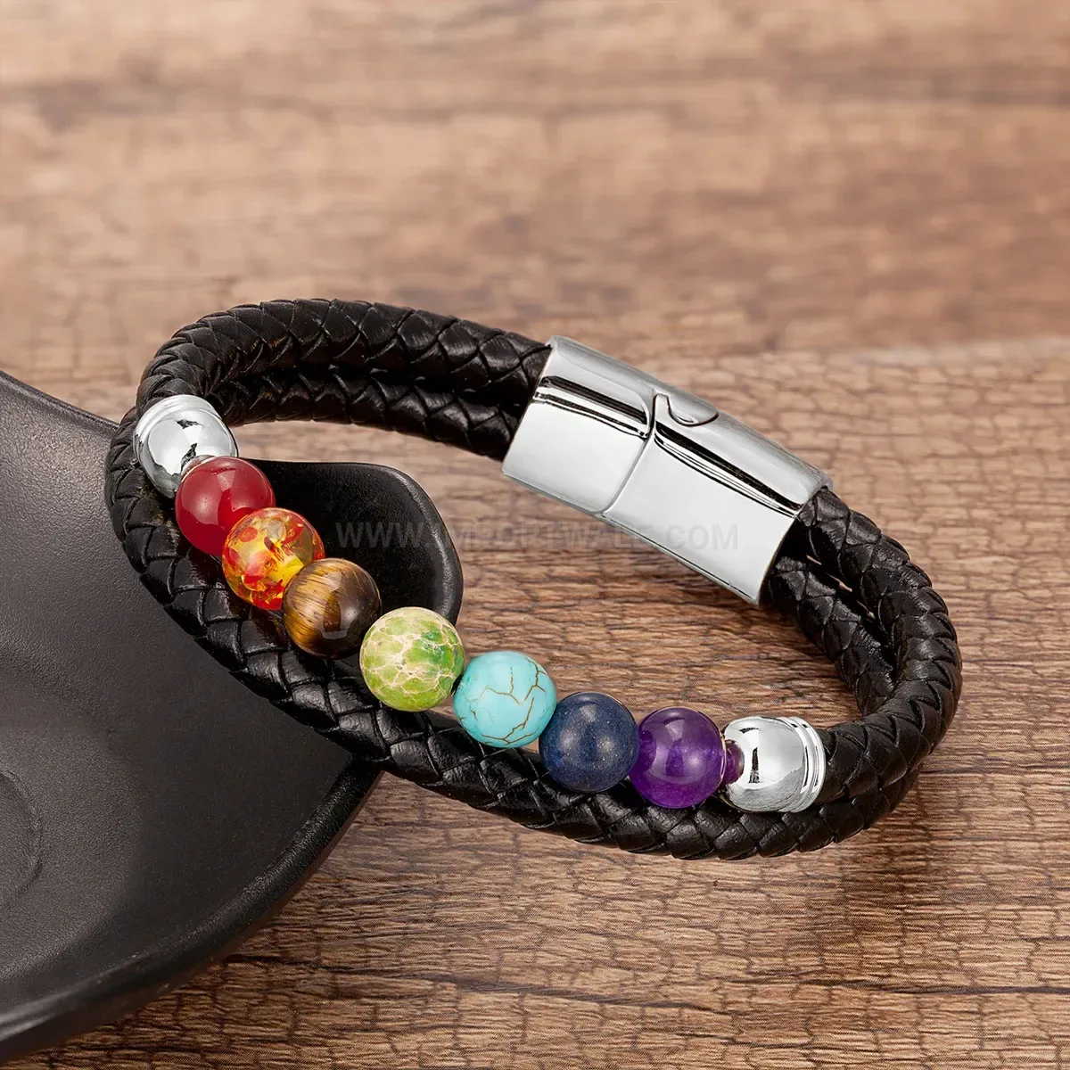 Braided Leather Stone Bead Stainless Steel Bracelet