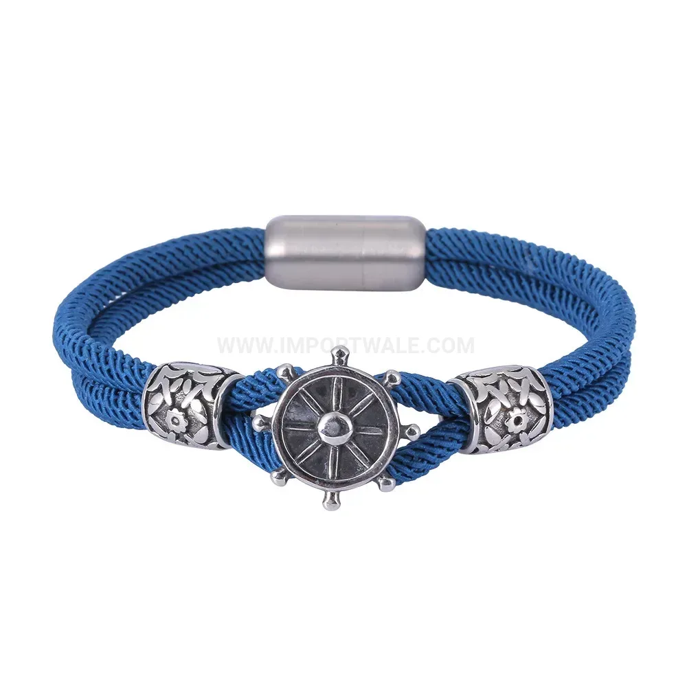Blue Milan Cord Stainless Steel Anchor Bracelet with Magnetic Clasp