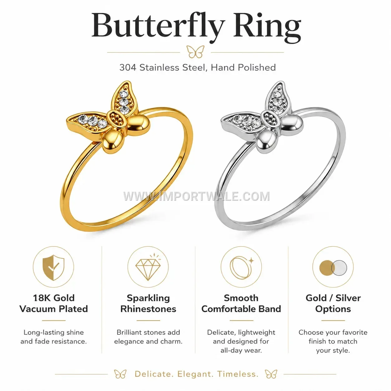 Butterfly Zircon 18K Gold Plated Stainless Steel Statement Ring