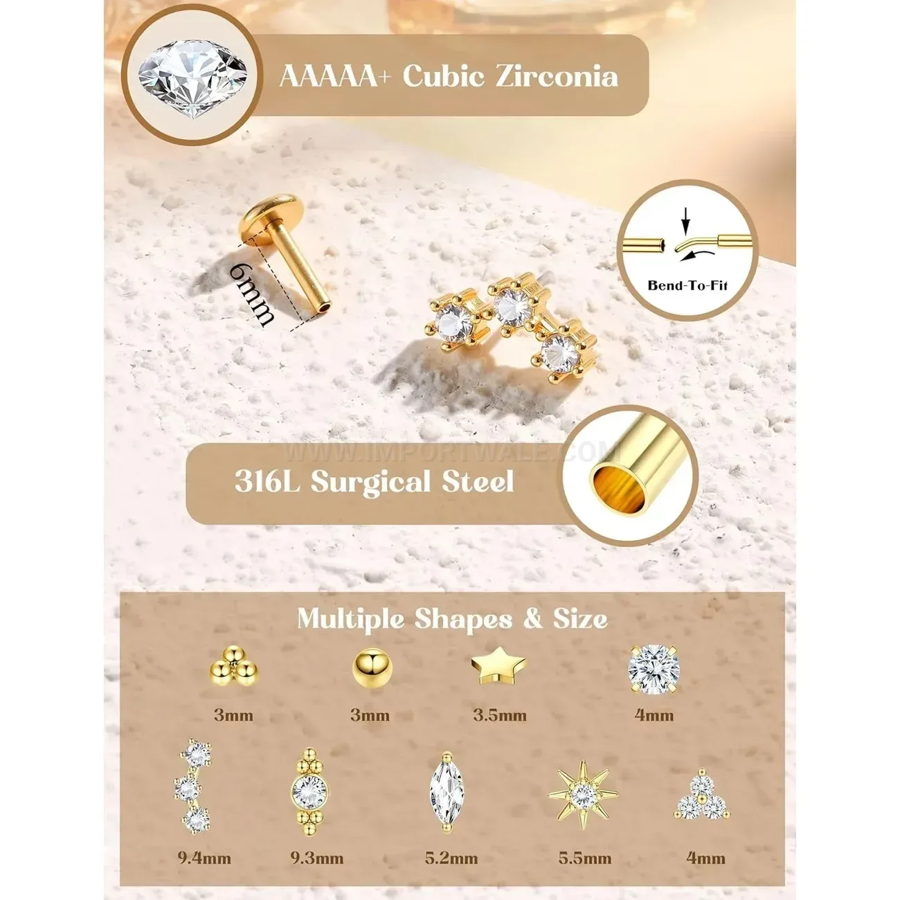 Stylish Internally Threaded Stainless Steel Flat Back Curved Piercing Stud