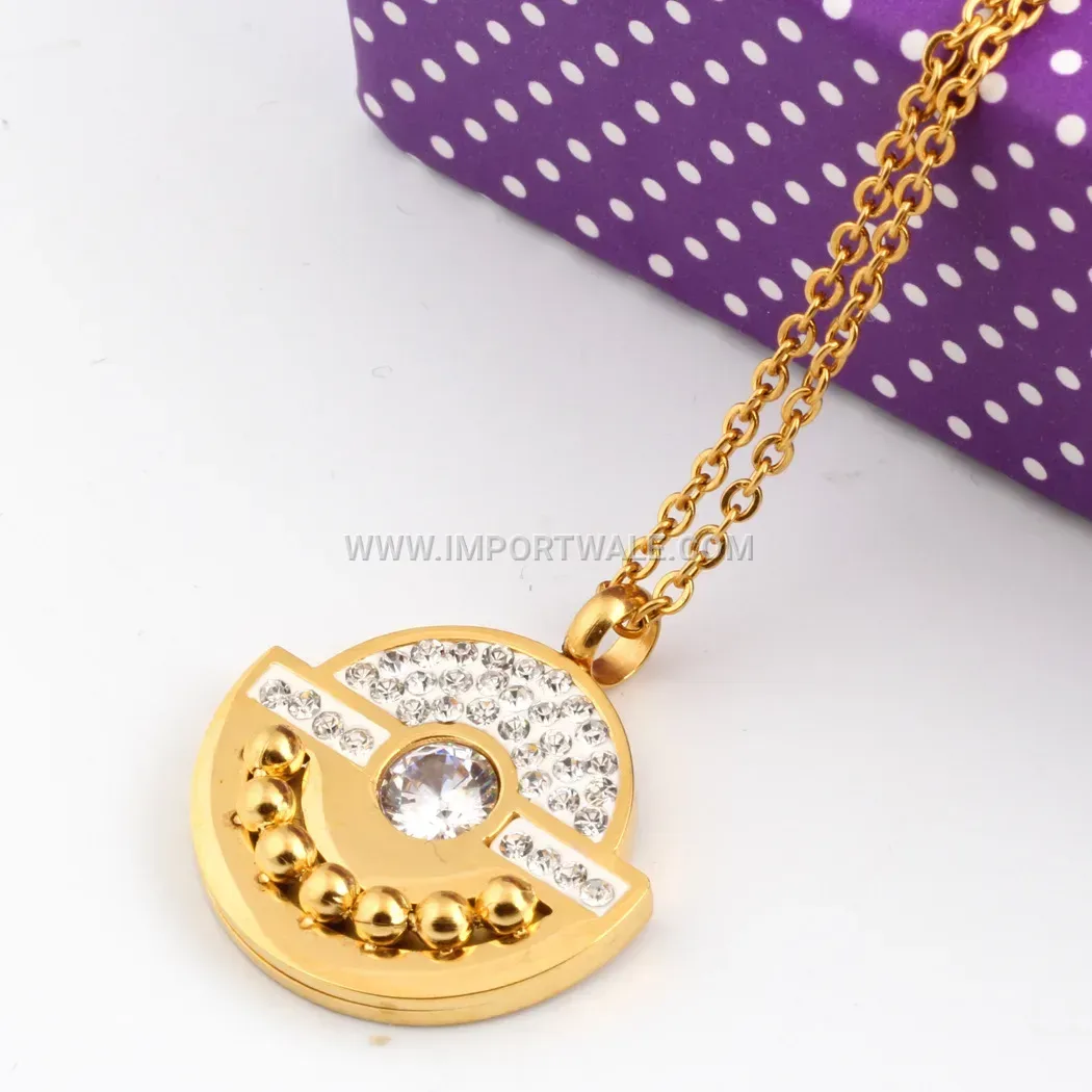 Gold Stainless Steel Geometric Rhinestone Semi-Circle Pendant Necklace