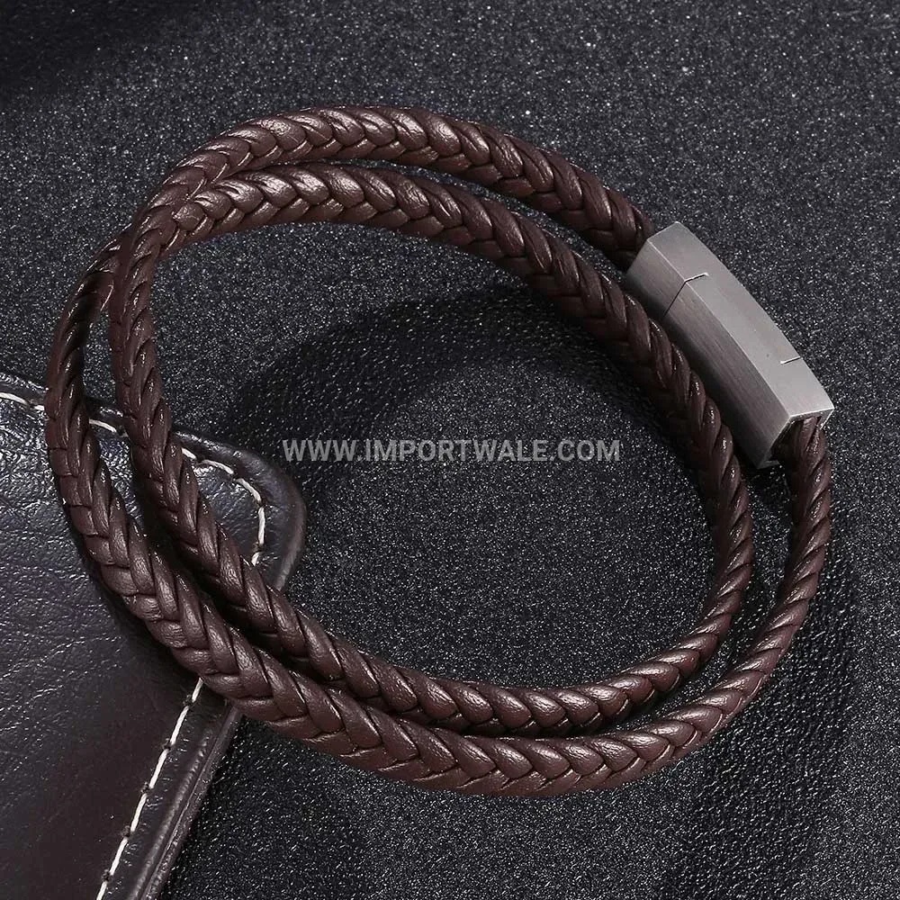 Braided Double-Layer Leather Bracelet with Magnetic Stainless Steel Clasp