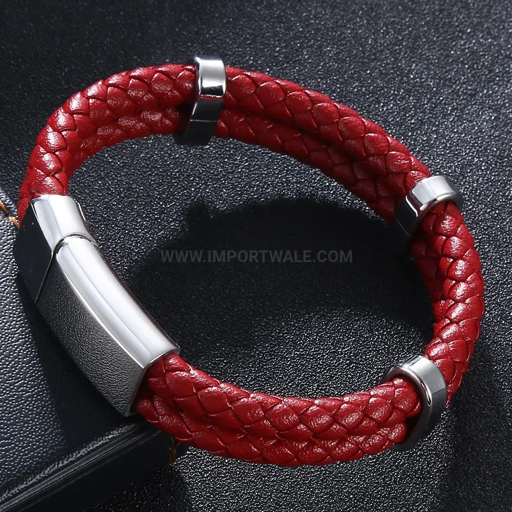 Braided Leather Bracelet with Stainless Steel Clasp