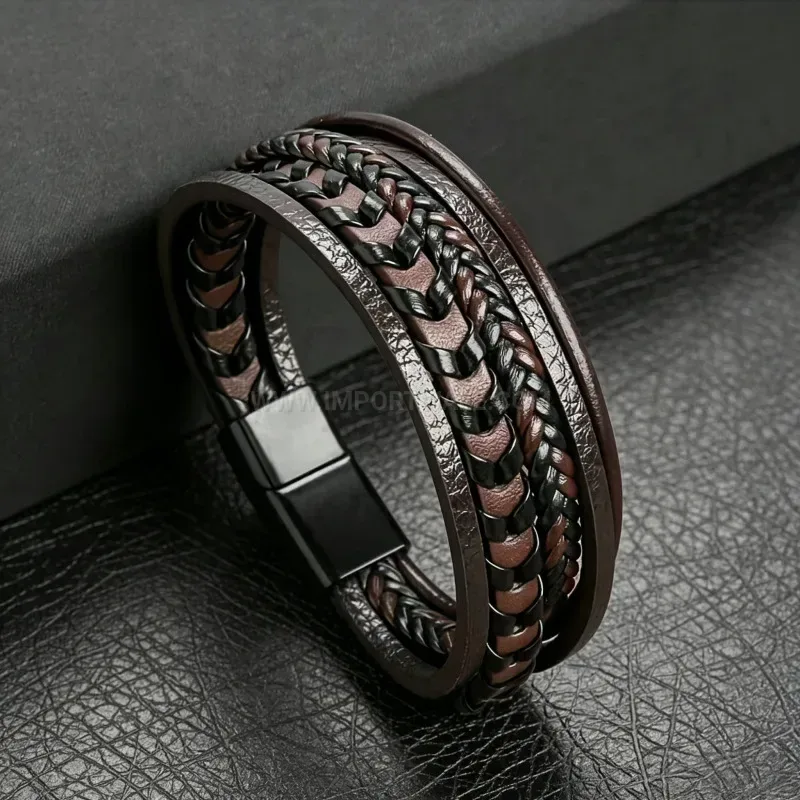 Trendy Multi-Strand Braided Leather Wristband with Magnetic Closure