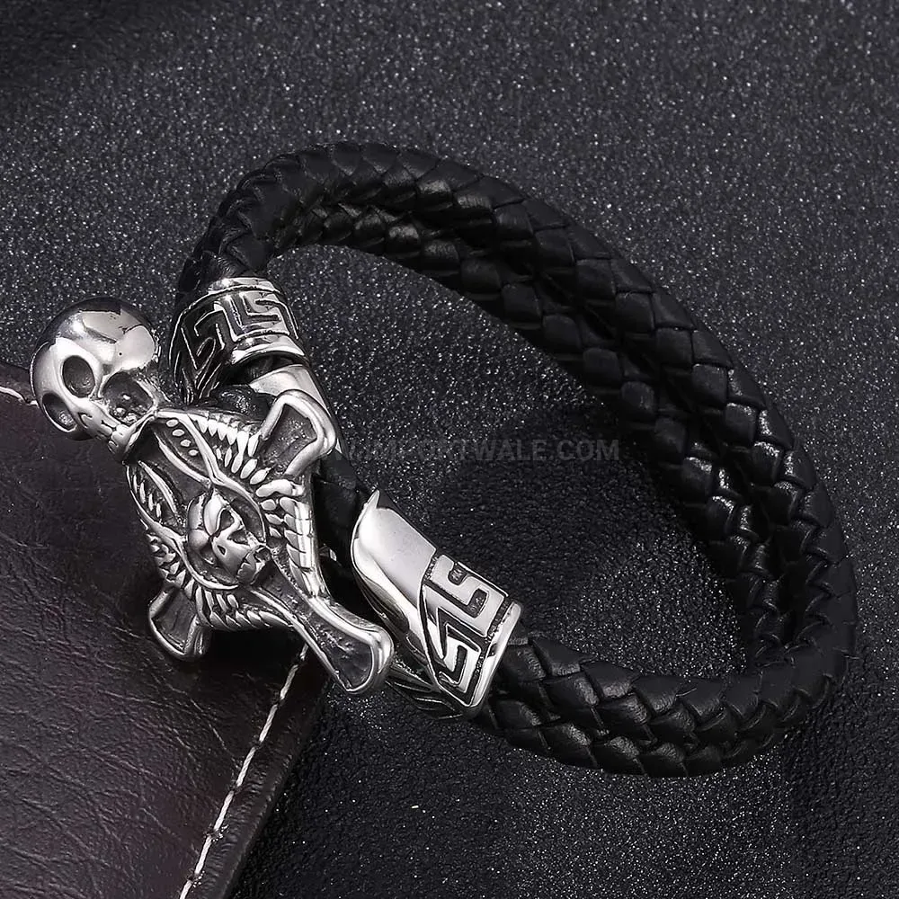 Braided Leather Stainless Steel Skull Cross Men Bracelet