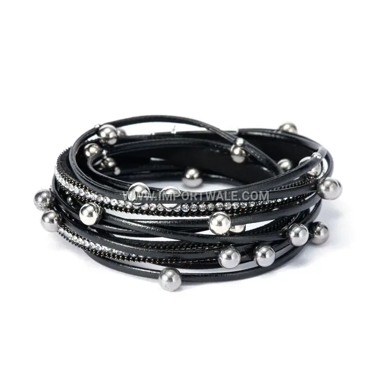 Double Wrap Rhinestone Beaded Leather Bracelet With Magnetic Clasp