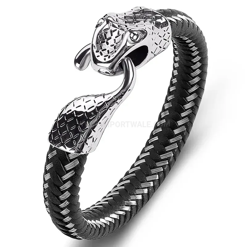 Handcrafted Snake Accent Stitched Microfiber Leather and Stainless Steel Wristband