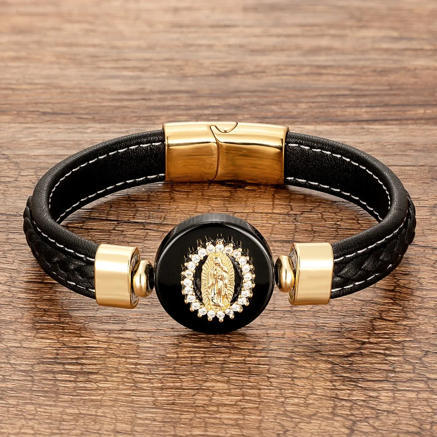 Vintage Gold Stainless Steel Woven Leather Stone Bracelet