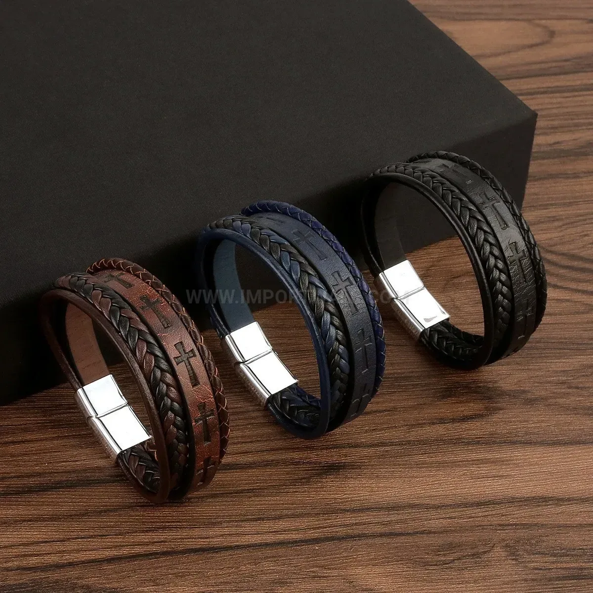 Stylish Multi-Layer Woven Leather Bracelet with Patterned Cross Charm